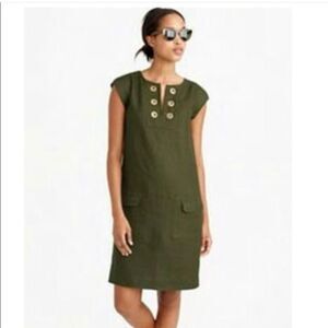 J.Crew Women's Green Linen Shift Dress 00 Sleeveless V-Neck Knee